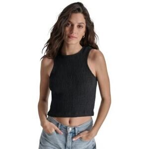 DKNY Jeans Women's Cropped Smocked Cotton Tank Top in Black